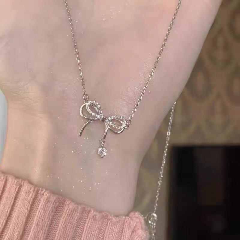 Vòng cổ Bạc Mặt Hình Nơ Đính Đá Pha Lê Thanh Lịch