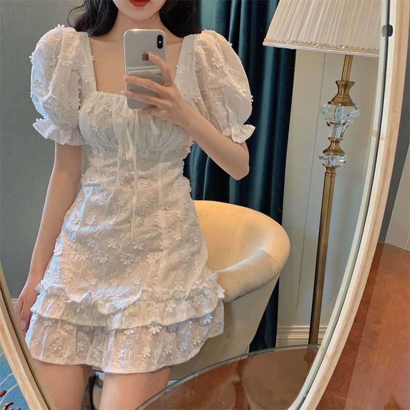 Đầm Tay Phồng Ôm Eo Cổ Vuông In Họa Tiết Hoa Nữ Tính Kiểu Hàn Quốc | BigBuy360 - bigbuy360.vn