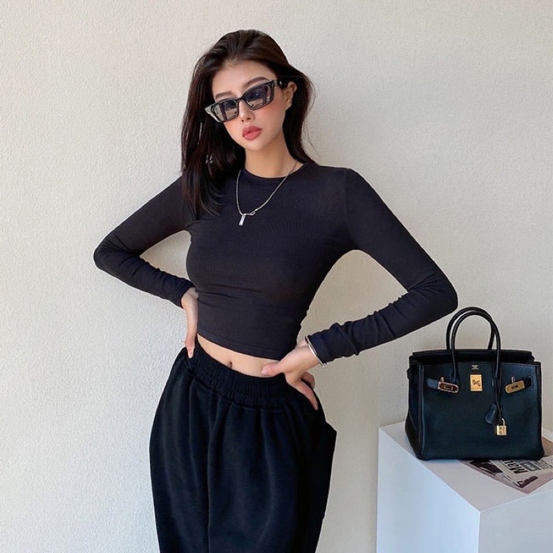 Áo croptop tay dài nữ , chất thun lụa mát dưới 52kg co dãn tốt from body HUYNE Denim