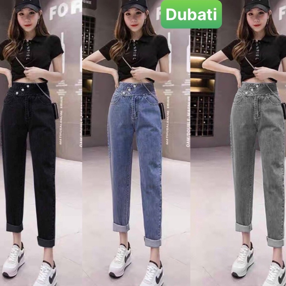 QUẦN BAGGY JEAN NỮ CHẤT BÒ CO GIÃN 3 MÀU EO BẢN TO 3 NÚT CHÉO SANG CHẢNH- DUBATI FASHION
