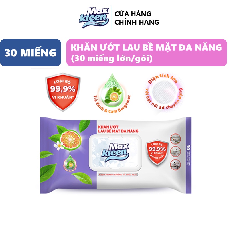 Khăn Ướt Lau Bề Mặt Đa Năng MaxKleen (30 miếng khăn lớn )