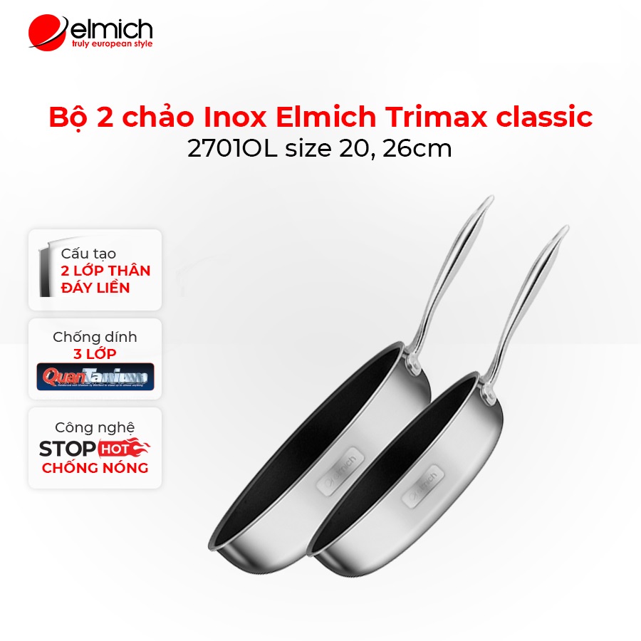 [Mã LIFECPMALL giảm 12% đơn 250K] Bộ 2 chảo Inox 2 lớp đáy liền Elmich Trimax classic 2701OL size 20, 26cm