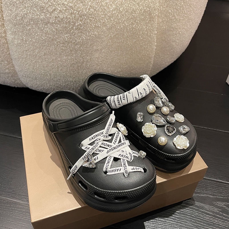 2023 Crocs Giày Nữ Dép Quai Ngang Đính Kim Cương Giả Đế Dày Tăng Chiều Cao Chống Trượt Thời Trang