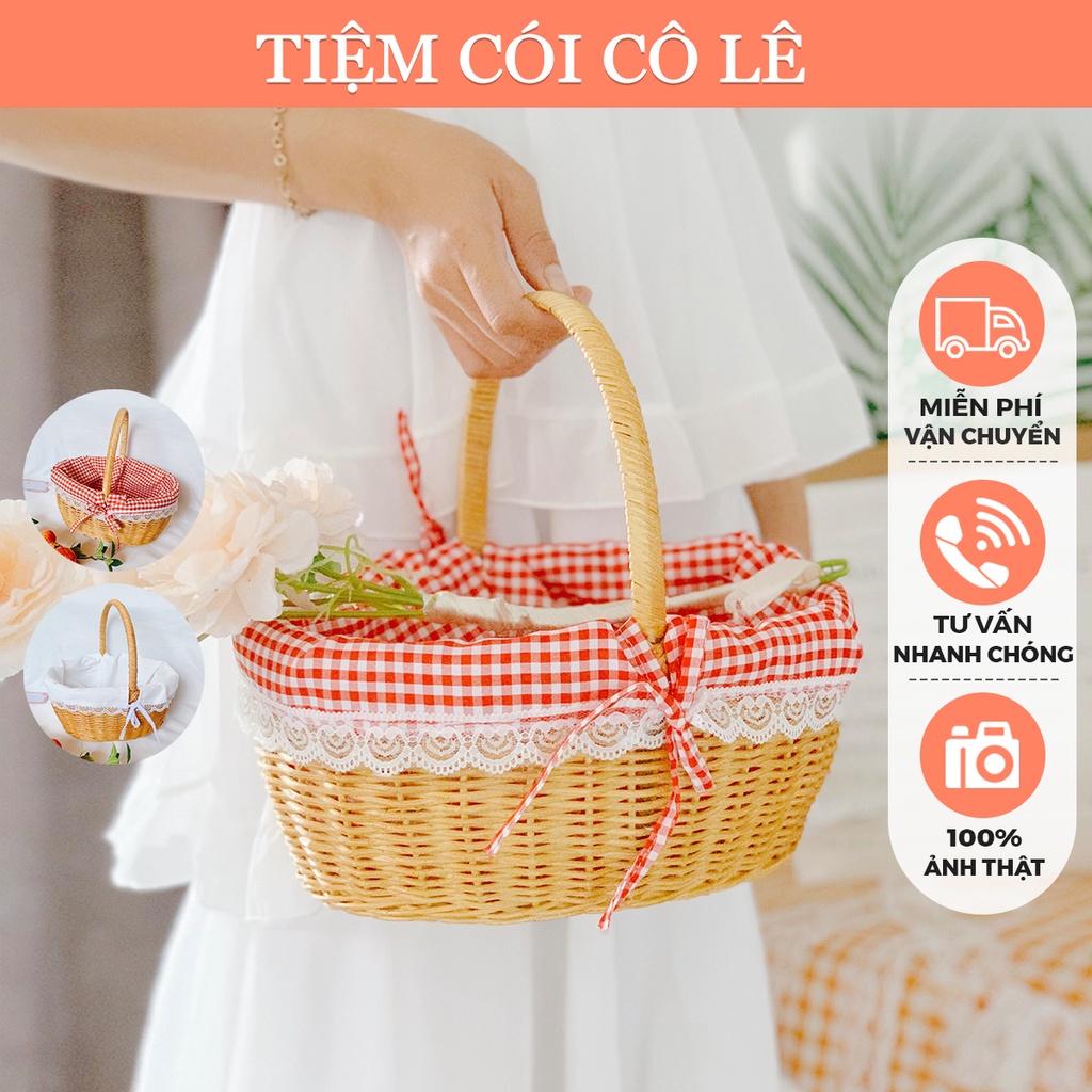 Giỏ mây lót vải caro dáng elip đi picnic dã ngoại chụp ảnh siêu xinh - Tiệm Cói Cô Lê