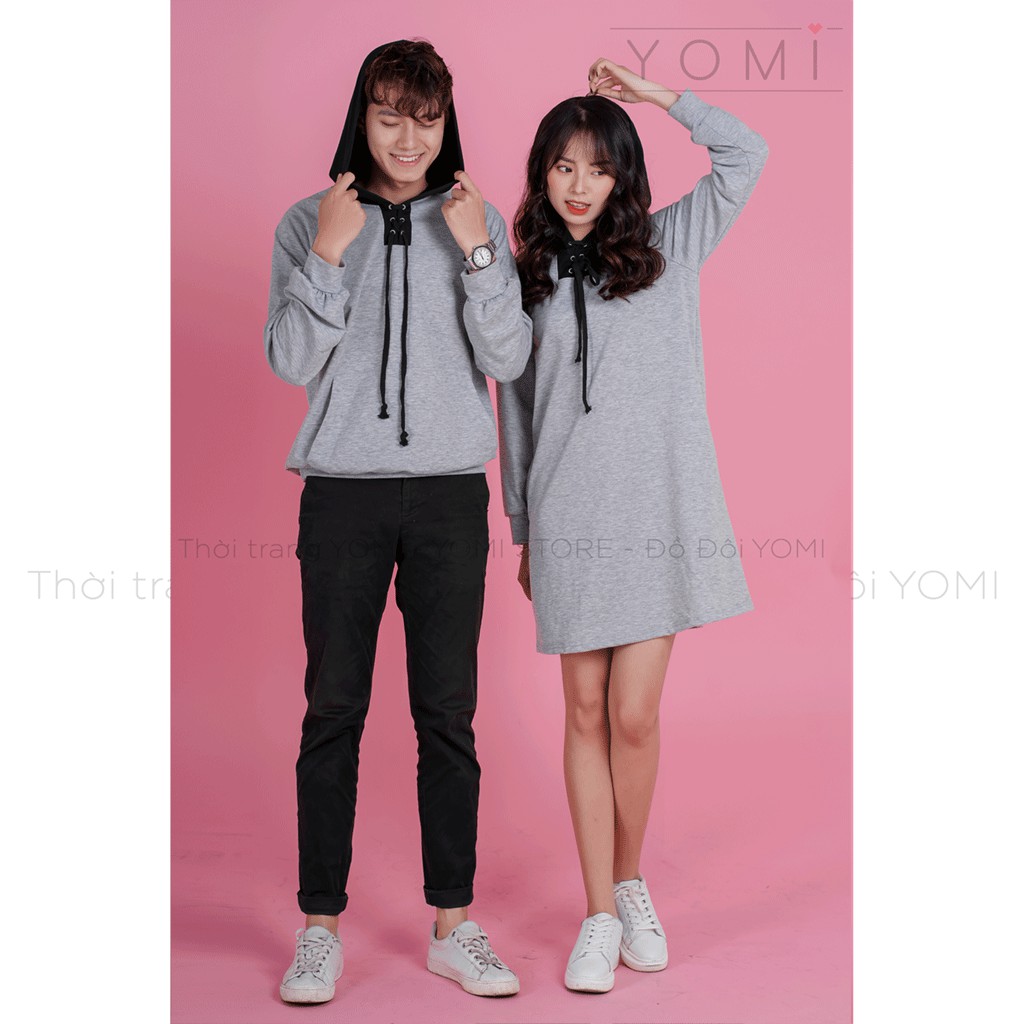 Váy áo đôi thu đông, váy áo hoodie xám, đồ đôi thiết kế cho các cặp đôi phong cách Hàn Quốc