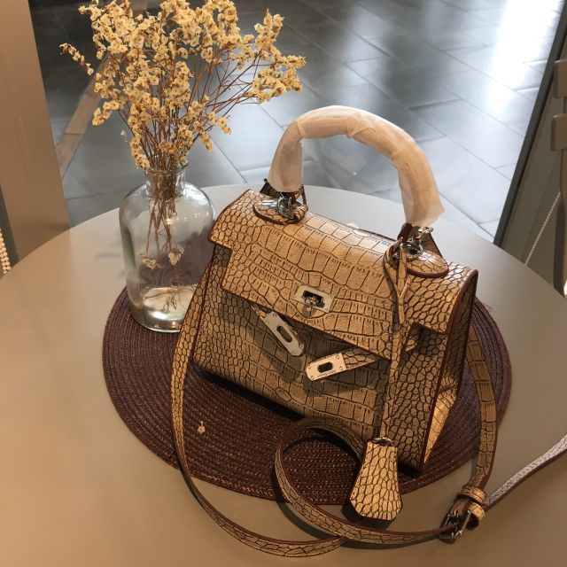 TÚI KELLY DA RẮN SIZE 20 DÁNG CAO MÀU GHI ĐÁ, ĐEN