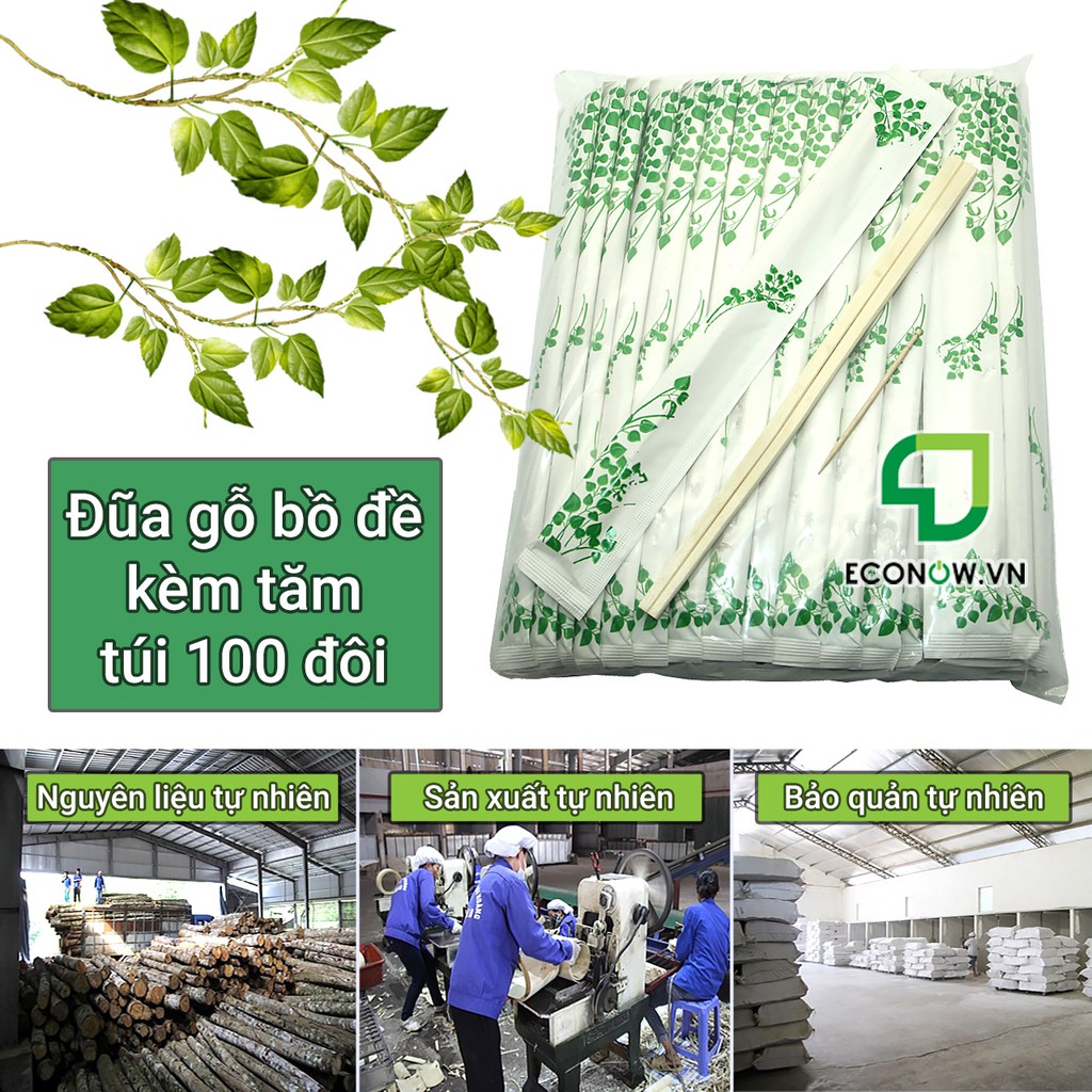 100 đôi đũa gỗ bồ đề kèm tăm bao giấy xanh lá