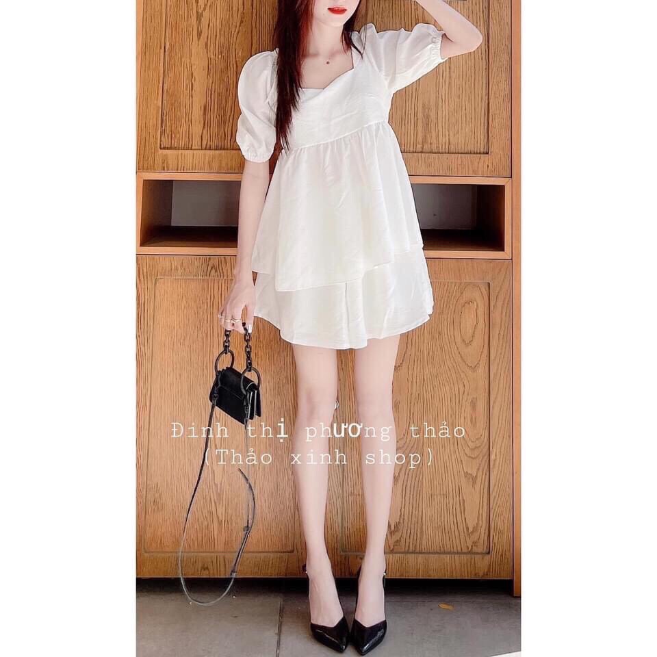 SET ĐỒ ÁO BABYDOLL TRẮNG kèm QUẦN SOOC - MARCH MALLOW SET Áo Cổ Vuông Tay Chun Bồng + Quần Short Đùi