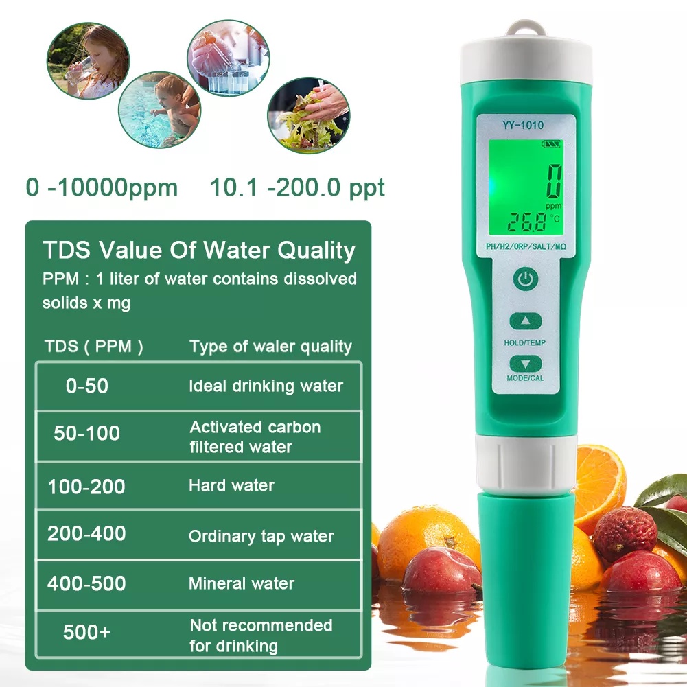 Bút đo pH 10 trong 1, pH/TDS/EC/Salinity/TEMP/S.G/ORP/H2/Fertility/Resistivity, Water quality tester