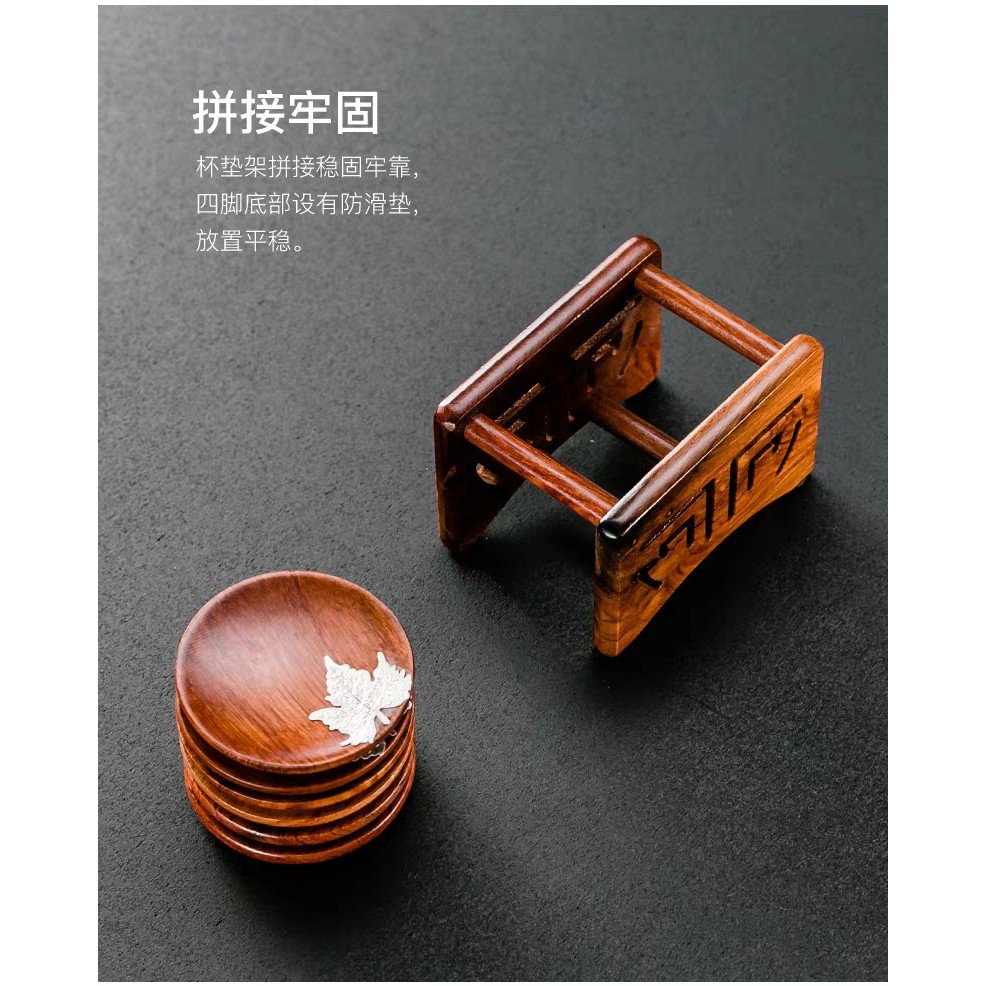 Bộ đĩa lót ly chén thuỷ tinh, gốm sứ bằng gỗ khảm hoa sang trọng để bàn trà Đạo-  cup pads