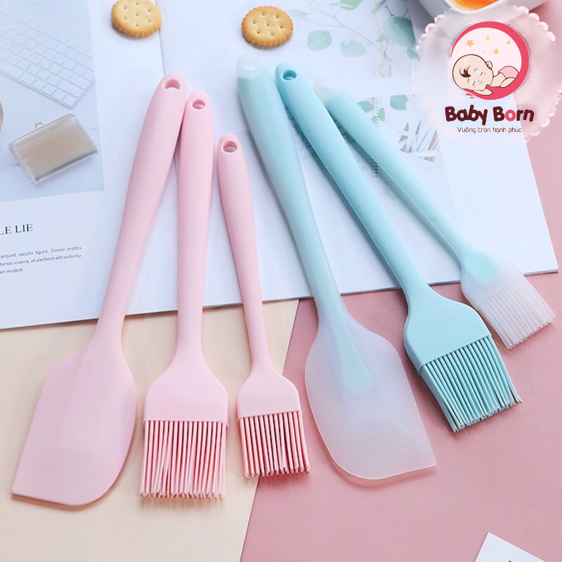 Bộ 3 Dụng Cụ Silicon Làm Bánh Gồm Cọ (Chổi) Quét Phết Bơ Dầu, Gia Vị - Phới Spatula Trộn Bột, Vét Bột, Đánh Trứng
