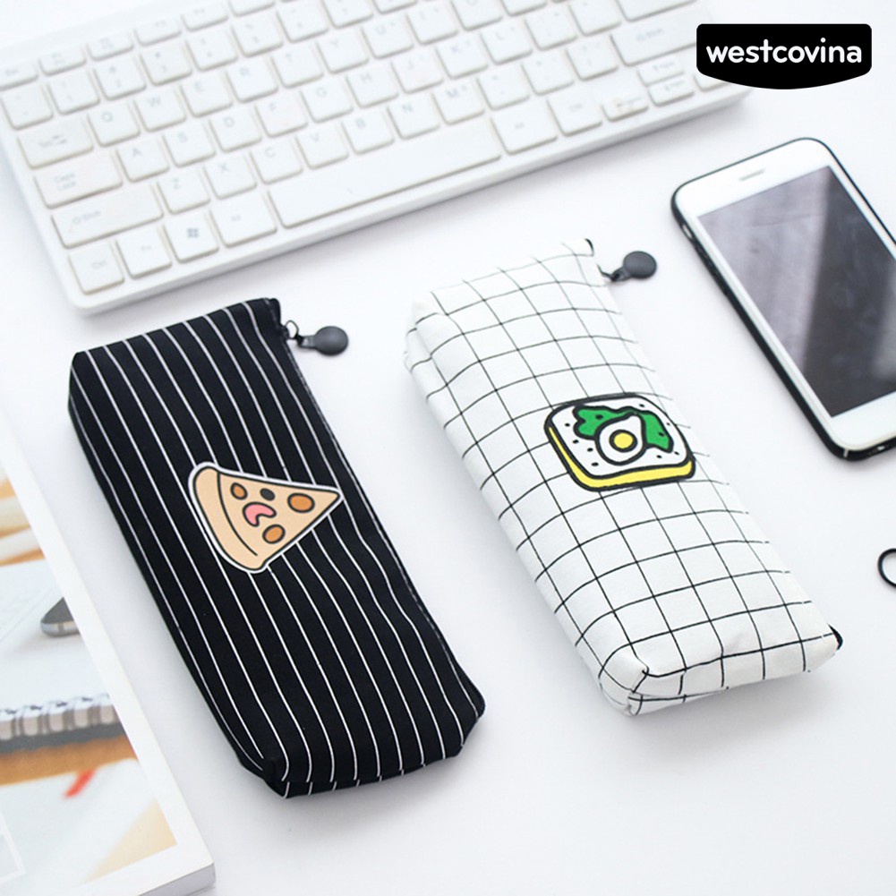 [Hot]✍Túi Đựng Bút Bằng Vải Canvas Kẻ Sọc Hình Bánh Pizza Khoai Tây Chiên Dễ Thương
