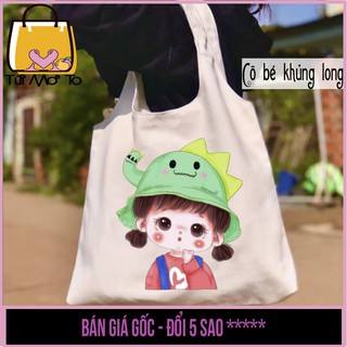 Túi tote túi vải túi canvas quai tròn có khóa kéo in hình cô bé khủng long dễ thương - Túi Mơ To store