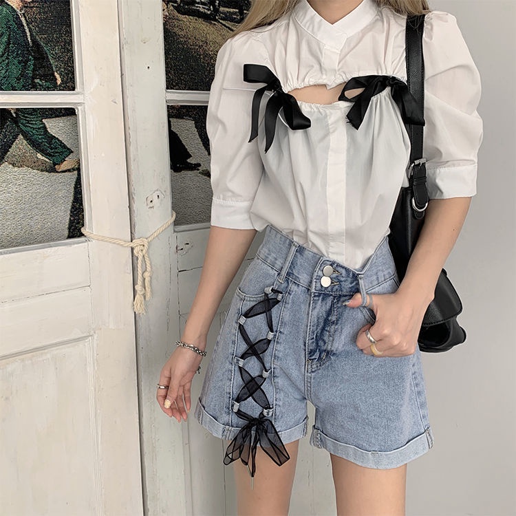 Quần Short Denim Lưng Cao Ống Rộng Thiết Kế Cột Dây Dáng Chữ A Phong Cách Đường Phố Cá Tính Cho Nữ