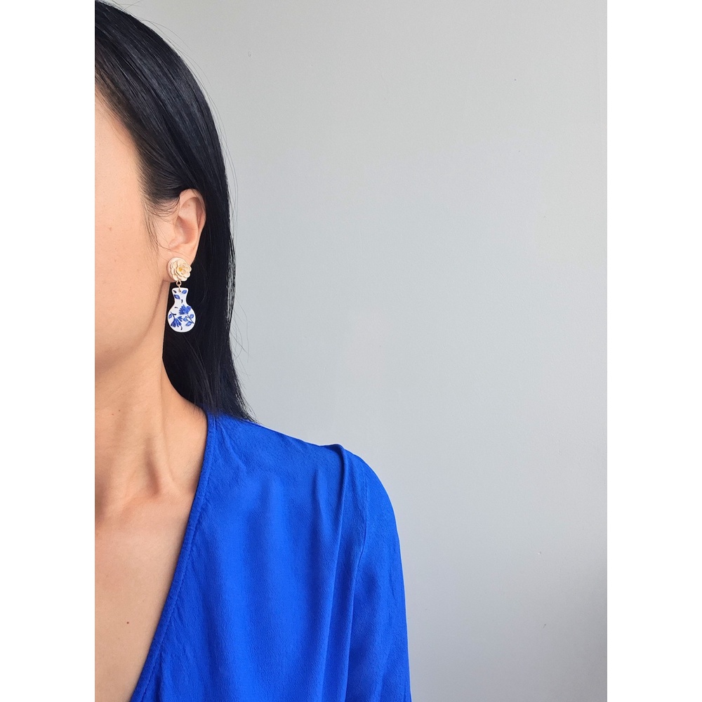 Bông tai gốm sứ xanh | Trang sức khuyên tai thủ công đất sét polymer | LAM Jewelry