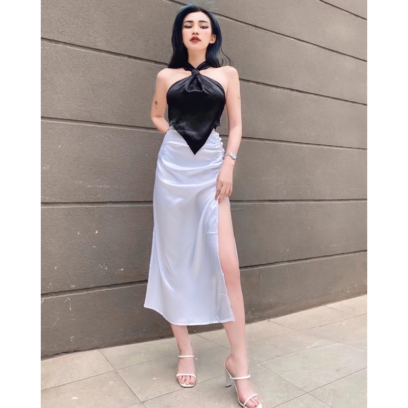 GILLBABY | Chân váy satin xẻ tà nhún hông sexy cá tính sang chảnh  (TOMIE SKIRT) | BigBuy360 - bigbuy360.vn