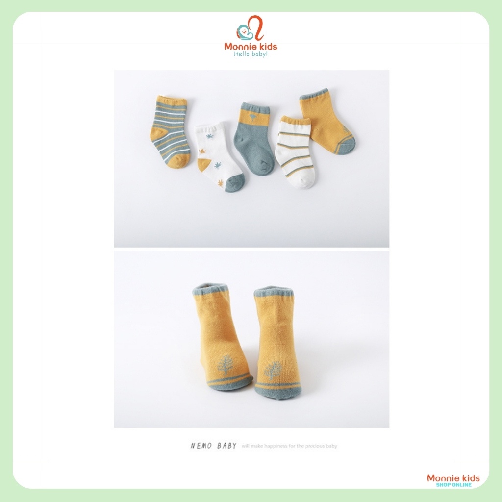 Set 5 đôi vớ họa tiết unisex cho bé, tất trẻ em cotton cổ cao mềm mại co giãn - Monnie Kids