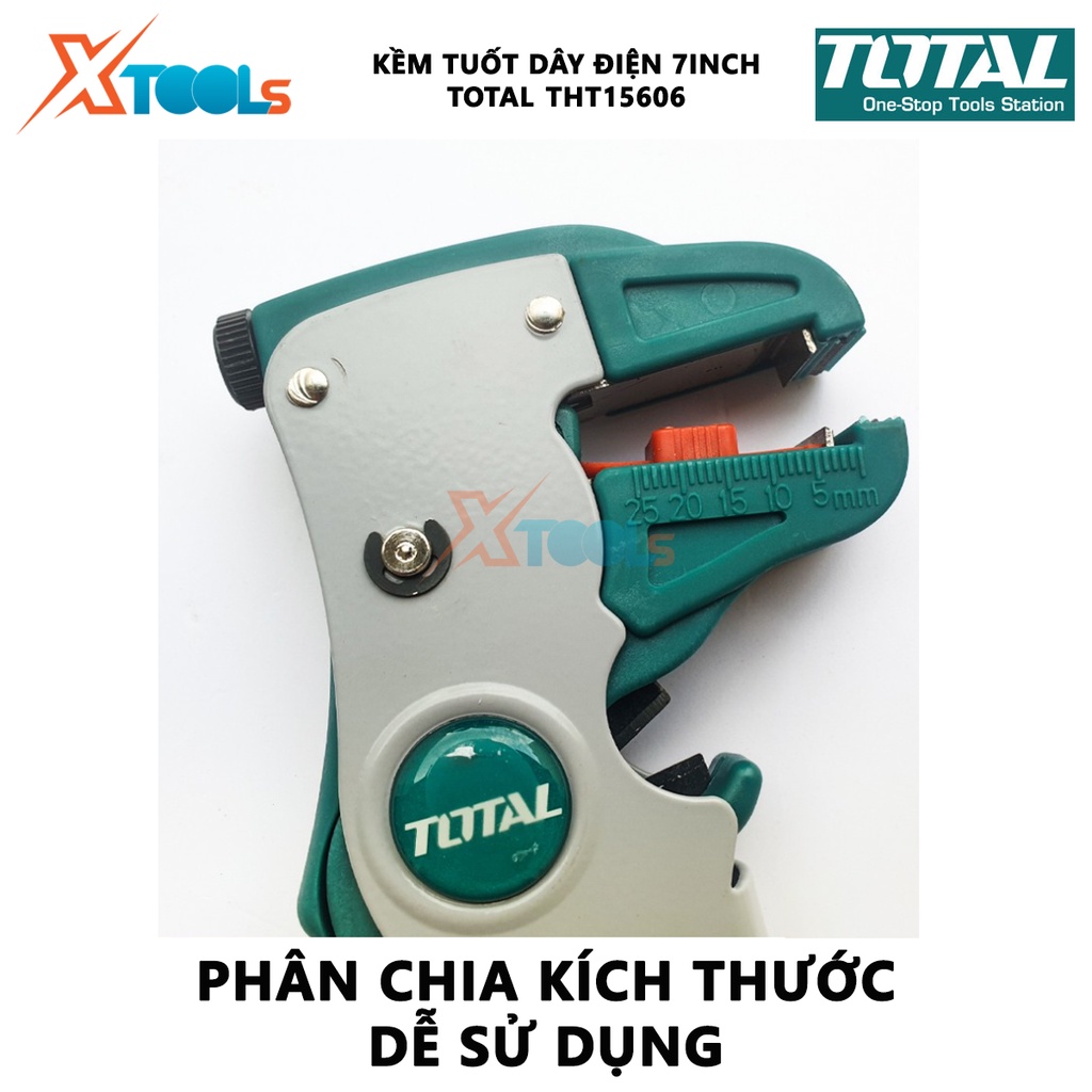 Kềm tuốt dây điện mỏ quạ TOTAL THT15606 Kìm tuốt dây Đường kính đầu tuốt 0.5mm~6mm Chất liệu 65Mn Kích thước 175*85mm bó