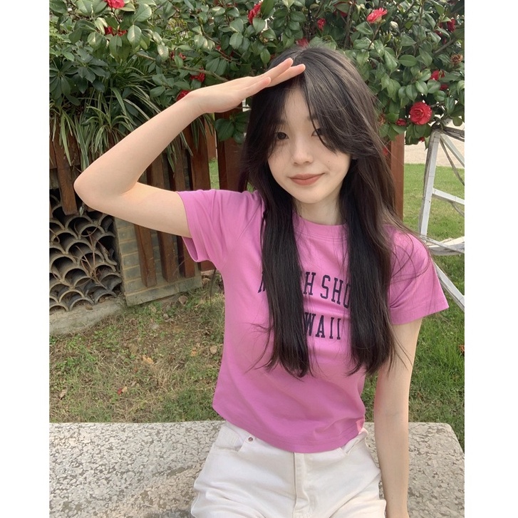 Áo Thun Tay Ngắn Cổ Tròn In Họa Tiết Phong Cách Hàn Quốc Thời Trang Cho Nữ