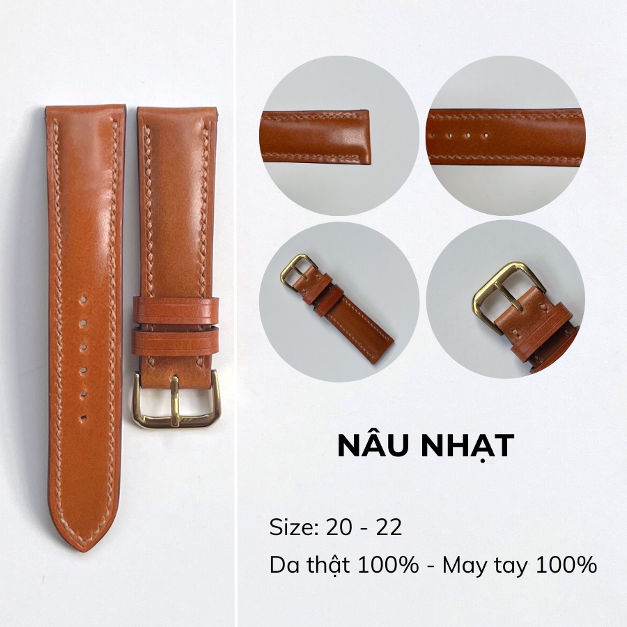 Dây Đồng Hồ Da Bò Nam 20mm, 22mm, Da Thật Chính Hãng, Màu Nâu Nhạt, Handmade Cao Cấp, Chống Nước, Bảo Hành 12 Tháng