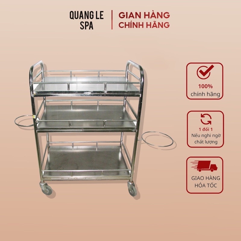 Xe đẩy inox 3 tầng có bát to dùng cho spa thẫm mỹ viện