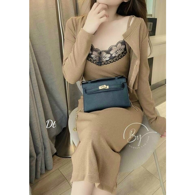 Đầm nữ body hai dây phối ren ngực kèm áo khoác dài tay sang trọng quyến rũ thời trang nữ Arava kd75
