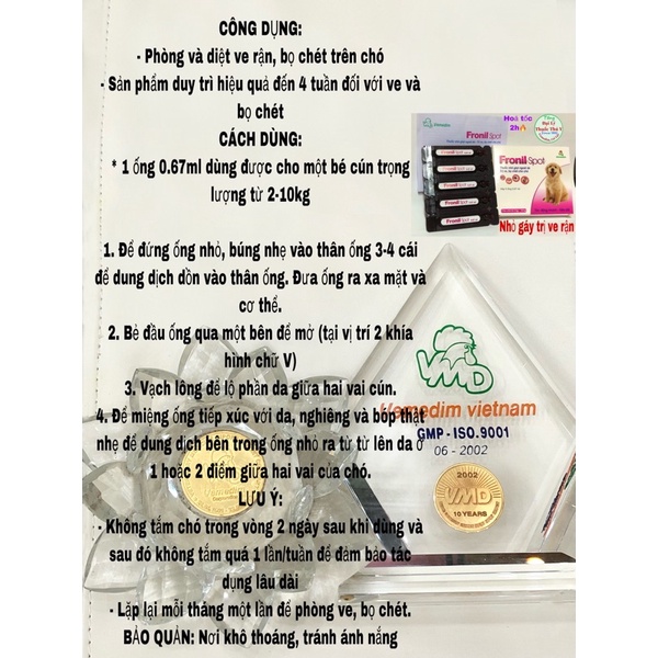 (Hộp 5ống) Nhỏ gáy ve rận cho chó Fronil post 0,67ml