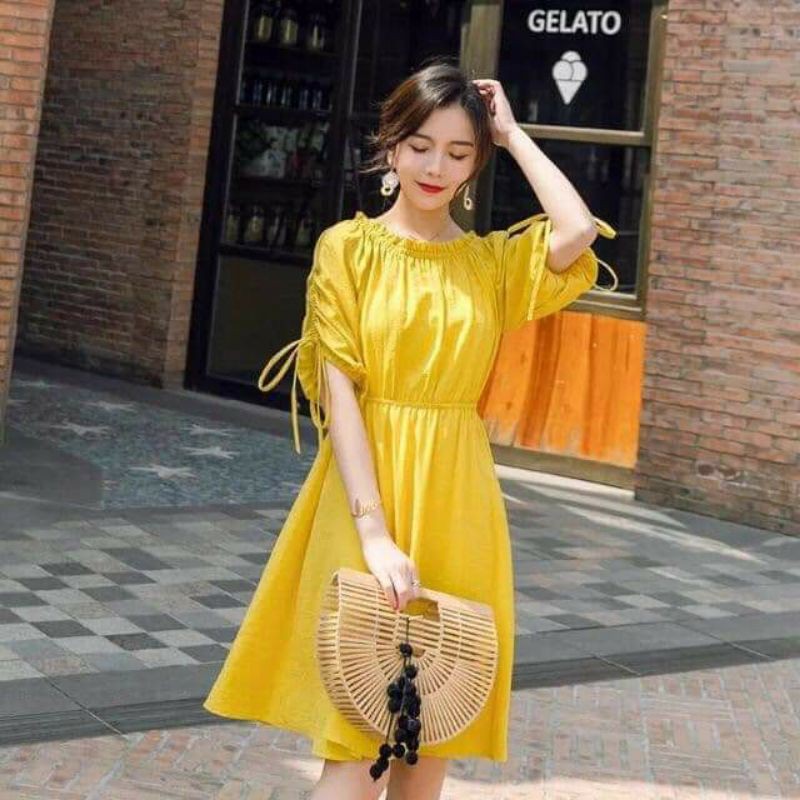 Váy Đầm Maxi vàng trễ vai tay rút dây Neppy Fashion