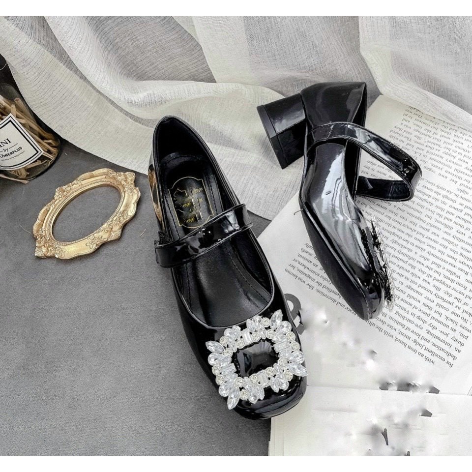 Giày cao gót nơ đá trắng vuông quai dính ngang gót trụ thấp - 4P QM08