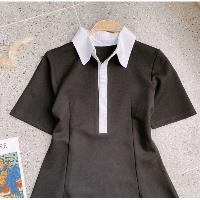 ĐẦM POLO ĐEN PHỐI CỔ TRẮNG