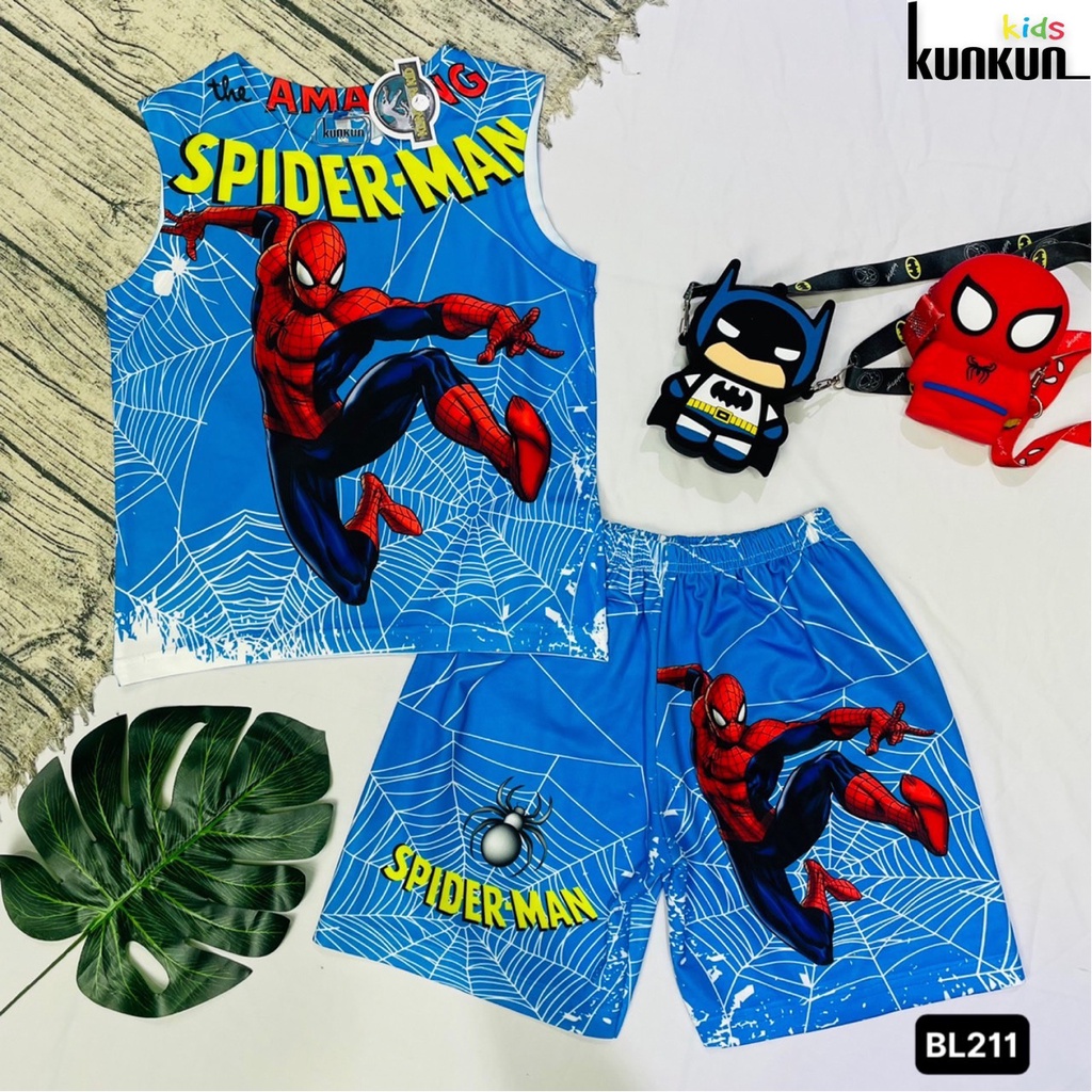 Quần áo trẻ em in 3D người nhện spiderman size đại từ 10-60kg KunKun BL211 - Bộ ba lỗ bé trai thun lạnh co giãn 4 chiều