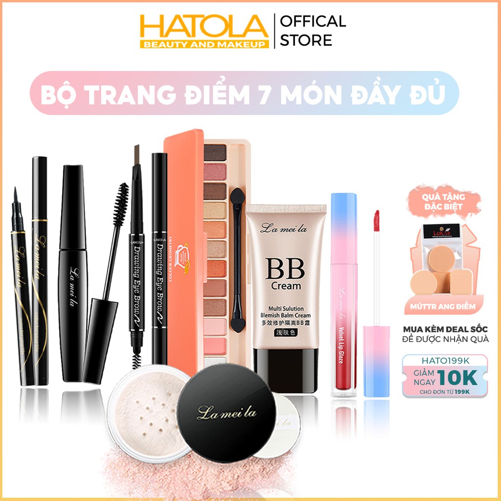 Bộ trang điểm đầy đủ Lameila 7 món kem BB phấn phủ phấn mắt mascara chì kẻ mày kẻ mắt son kem Hatola