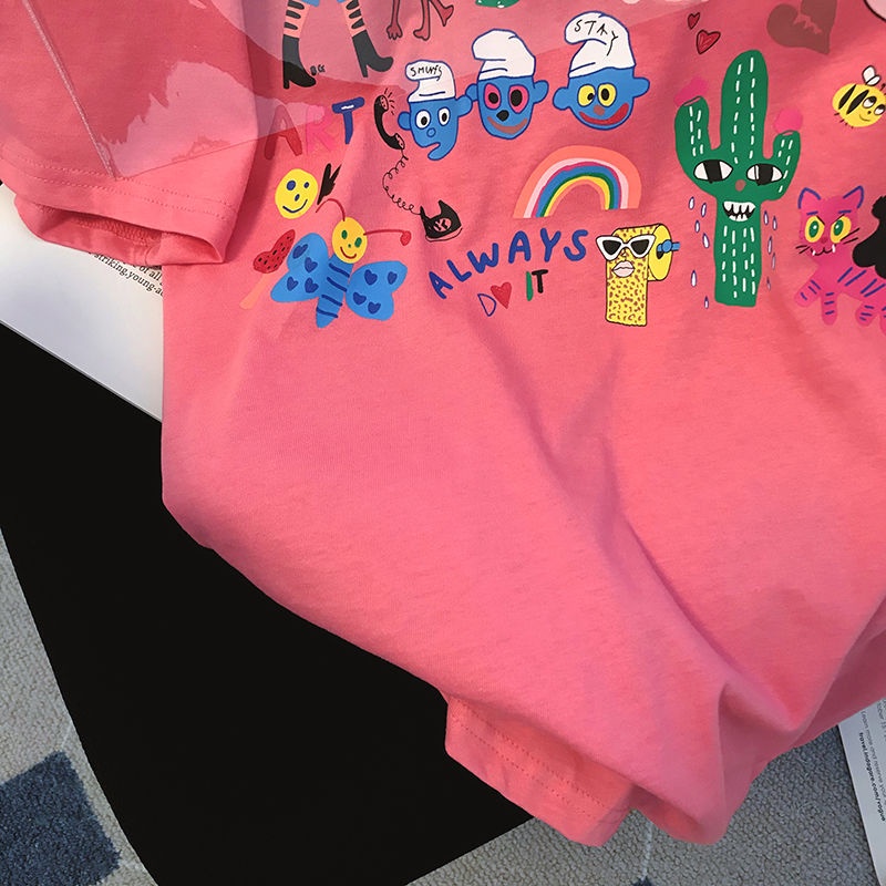 Áo Thun Cổ Tròn In Chữ Và Họa Tiết Hoạt Hình Thời Trang Mùa Hè Cho Nữ Mới