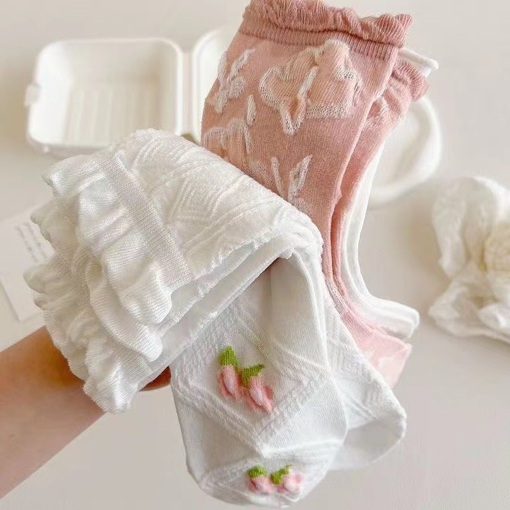 1 Đôi Vớ Ren Trắng Cổ Cao Dễ Thương