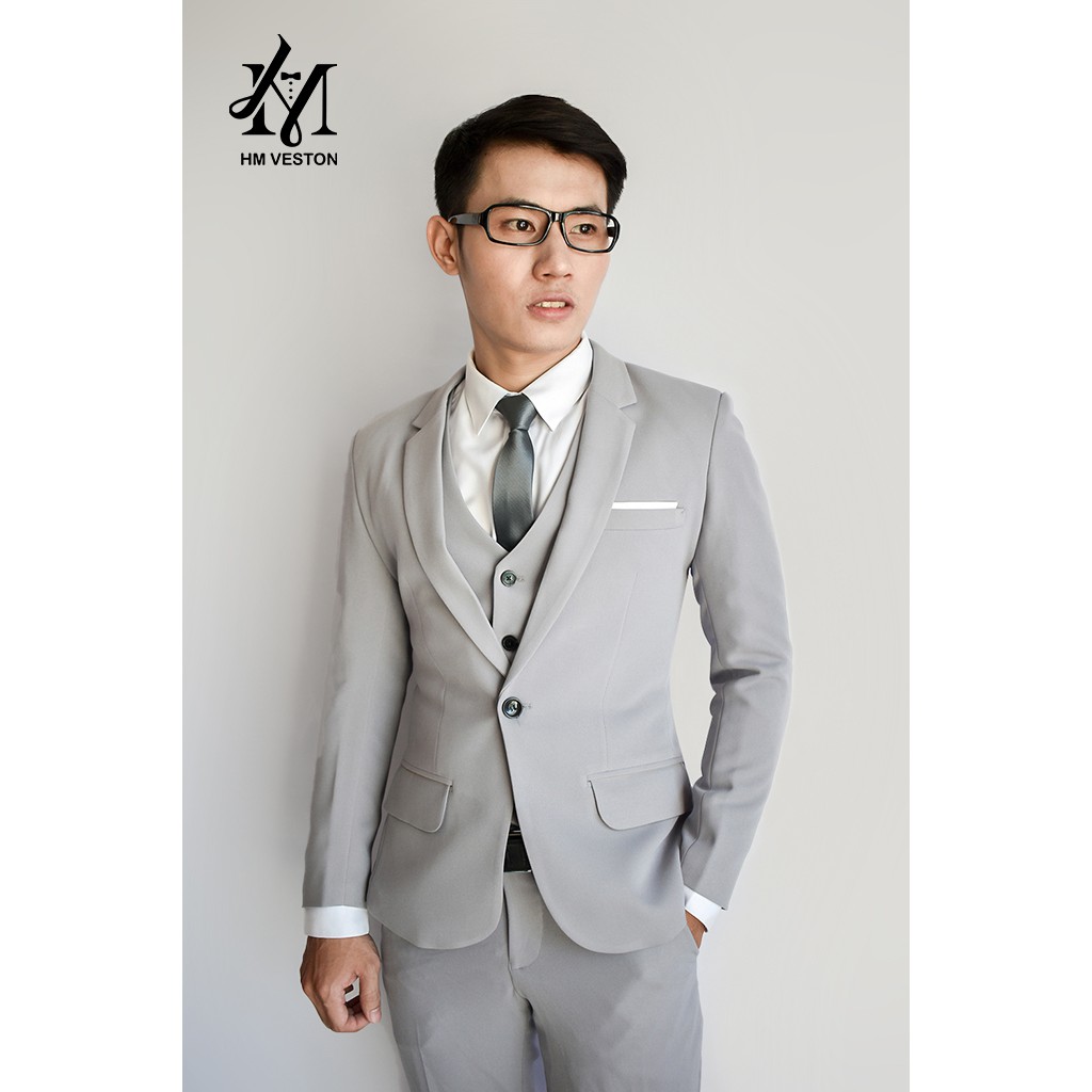 Combo bộ vest nam ôm body màu xám ghi  tặng kèm cà vạt nơ