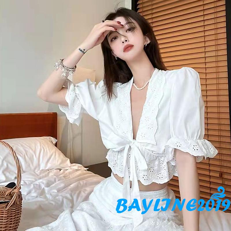 Bay-Women Summer Bandage Shirt, Ruffled Solid Color V-neck Puff Sleeve Patchwork Crop Tops