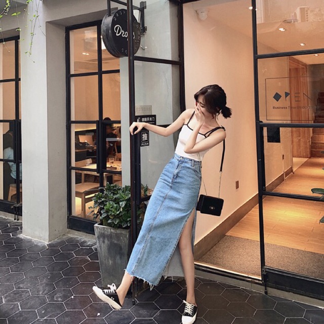 SẴN - Chân váy jean/ bò xẻ tà dáng bút chì
