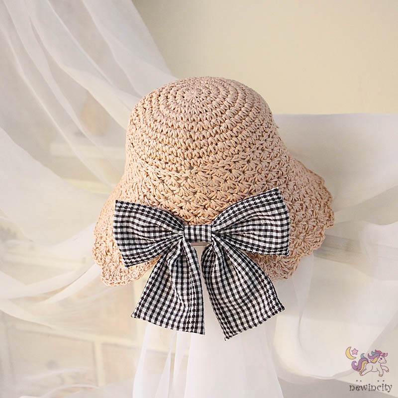 Mũ Cói Thắt Nơ Kẻ Sọc Caro Đáng Yêu Cho Bé Gái