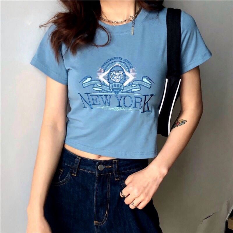 Áo Croptop Tay Ngắn Dáng Ôm Hoạ Tiết Thêu Chữ NEWYORK Phong Cách Mùa Hè