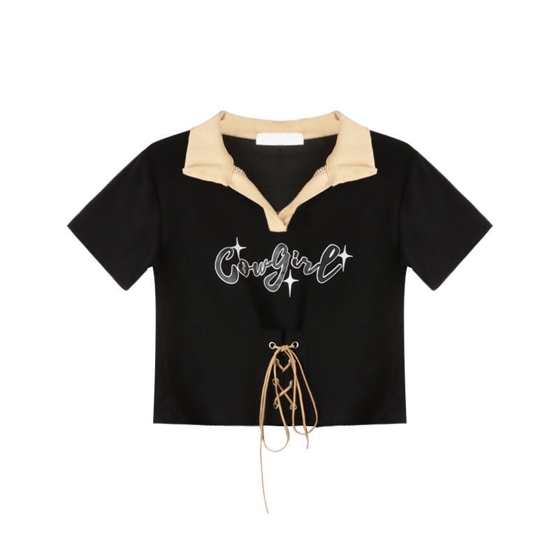 Áo Croptop Tay Ngắn Cột Dây Eo Màu Đen Phong Cách Ullzang