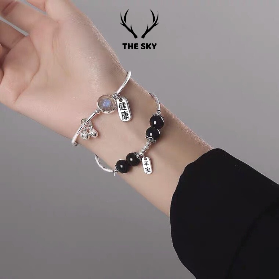 Vòng tay đôi, vòng phong thuỷ đá Obsidian tượng trưng cho sự hộ mệnh toàn vẹn freesize dành cho nam và nữ VT1016