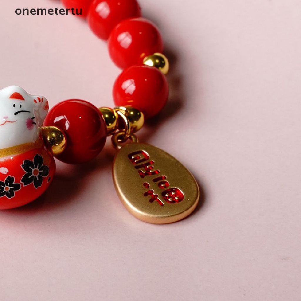 Vòng Đeo Tay Chuỗi Hạt Gốm Màu Đỏ Hình Mèo Dễ Thương