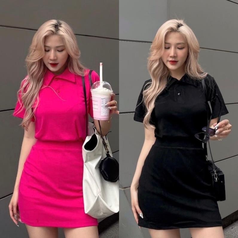 Set áo croptop cổ Polo kèm chân váy ôm có lót quần