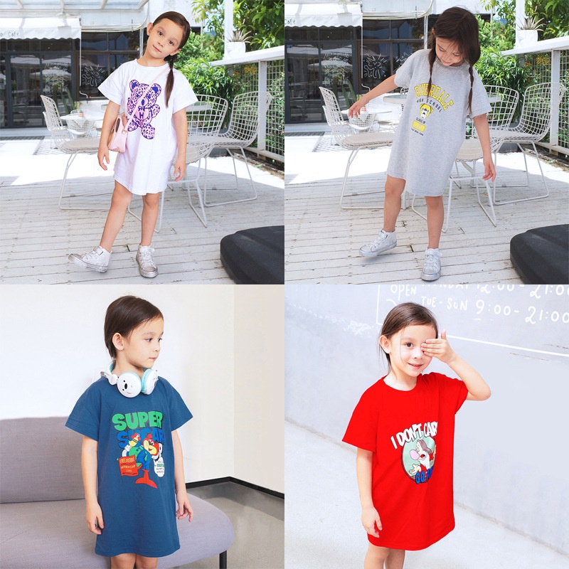 Đầm Cotton Tay Ngắn Dáng Rộng In Họa Tiết Hoạt Hình Thời Trang Mùa Hè Xinh Xắn Cho Bé Gái 1-6 Tuổi