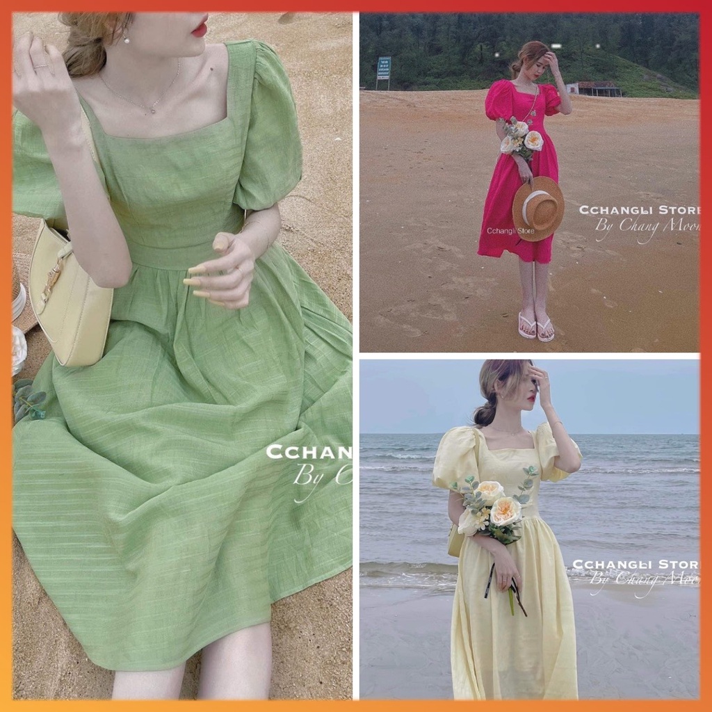 Đầm babydoll cổ vuông dáng dài, Váy đũi xước tay bồng nơ lưng 4 màu siêu hot MSP78246