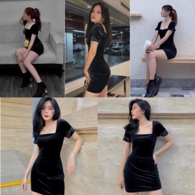 Đầm đen Velve Dress sang chảnh đẹp độc lạ đầm dự tiệc có dây khoá kéo sau lưng co giãn nhẹ - váy cổ xuông ôm body  ྇ ་