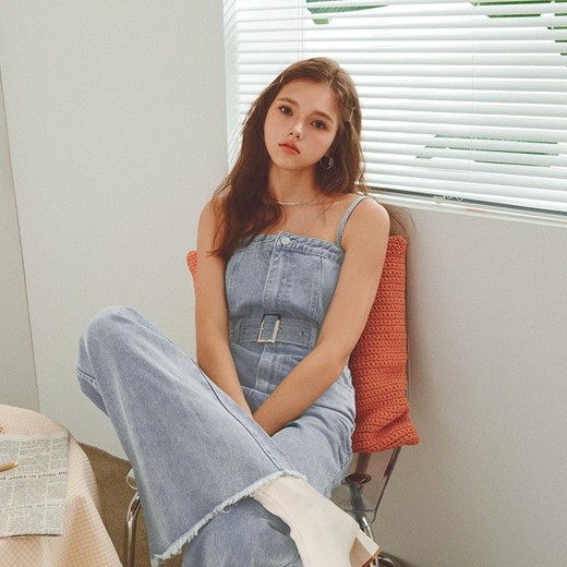 Jumpsuit dài denim 2 dây cá tính Nữ Air Space 2031811003