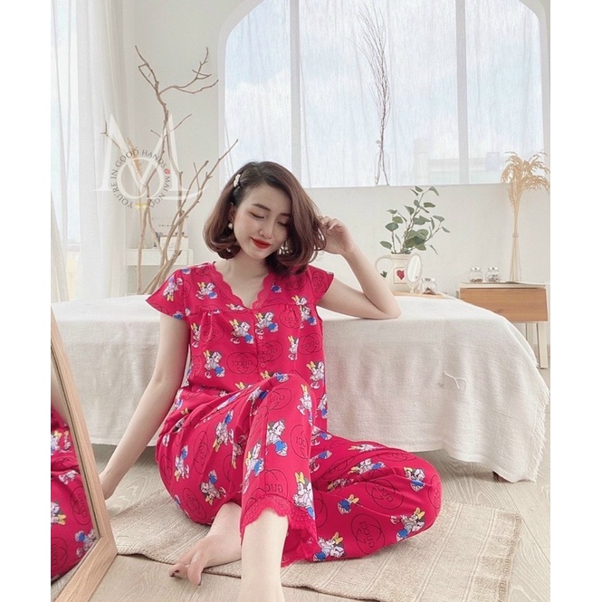 Bộ mạc nhà Lụa satin Tay Cánh Tiên Cổ V quần Dài nhà MaiNgo