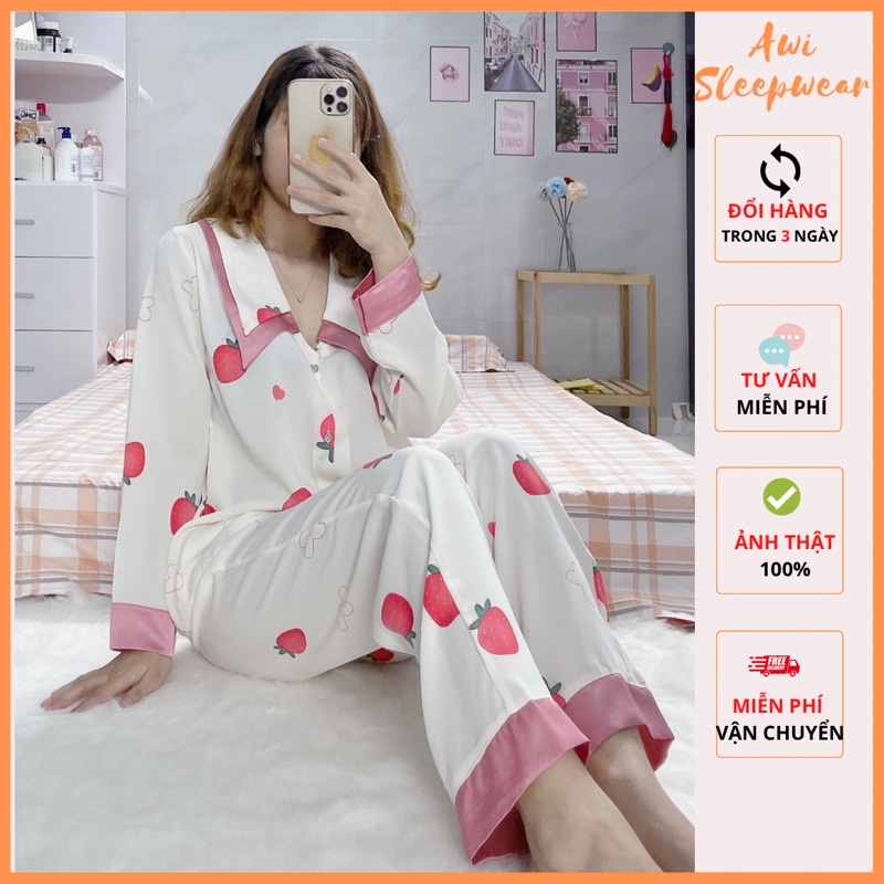 Bộ Pyjama Dài Tay Cổ Nhọn Lụa Mango Sam Luxury Xinh Xắn Nhiều Mẫu - Awi Sleepwear