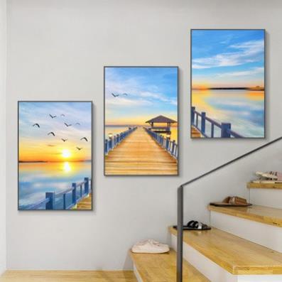 HD12 Bộ 3 Bức Tranh tráng gương treo tường Cầu Thang Phòng Khách/ Ngủ Khách Sạn Villa Thiên nhiên biển hiện đại